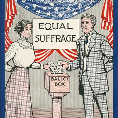 A white man and white woman stand at a ballot box casting their votes in this illustrated print.